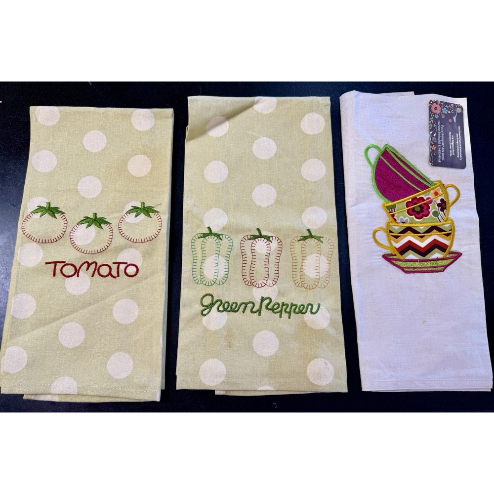 Baseball Kitchen Tea Towels Lot 3 Tomato Green Pepper Embroidered Cotton NOS